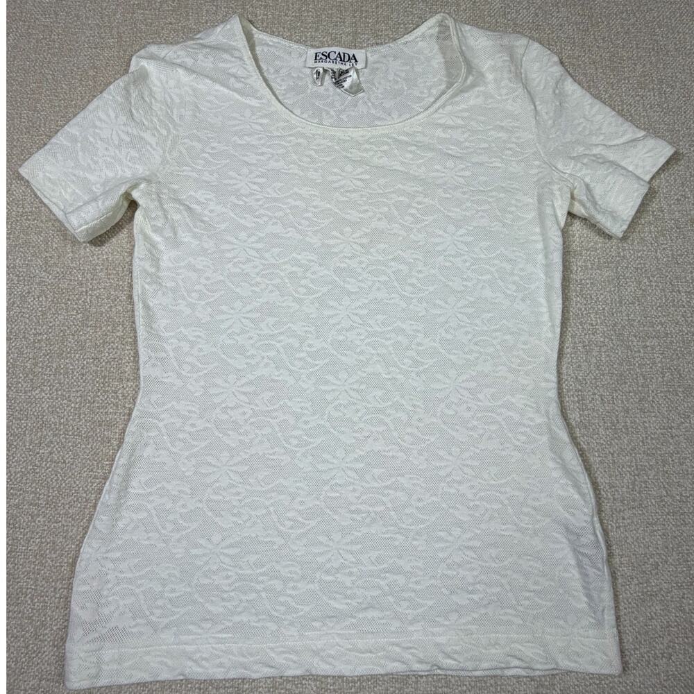 Escada Margaretha Ley Women 34 White Textured Lace Short Sleeve Designer T Shirt